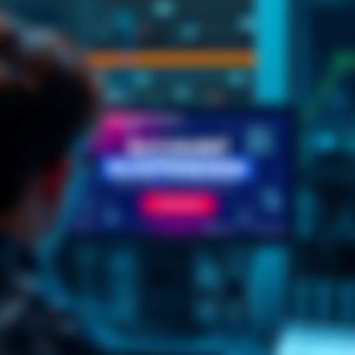 A digital screen showing an account suspension notification with money symbols and a worried person looking at it.