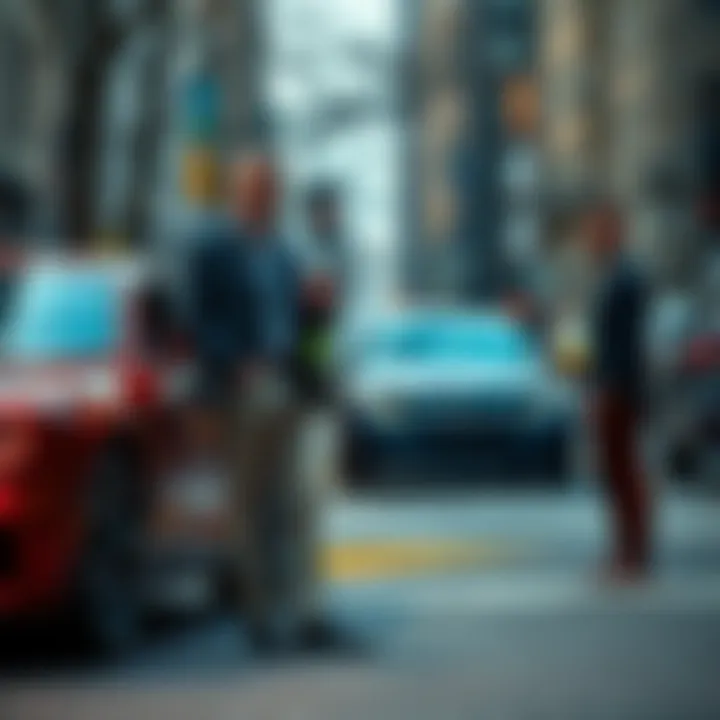 A man stands next to a luxury car, looking anxious while checking his phone, a worried buyer watches from a distance, hinting at a scam, on a city street