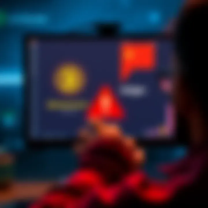 A worried person looking at a computer screen displaying a cryptocurrency wallet and a red warning symbol, indicating a potential scam during a Bitcoin transfer from Binance to Ledger.