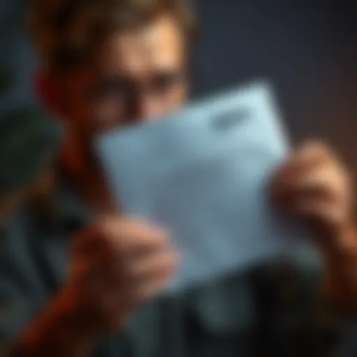 A person holding a suspicious letter with concerned expression, looking for signs of a scam.