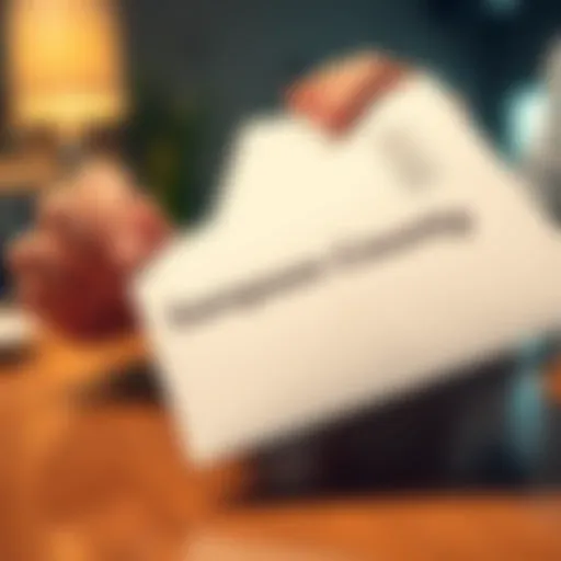 A close-up of a suspicious envelope with a return address from sampsoncountync@, placed on a wooden table, with a concerned person holding it and looking at it thoughtfully.