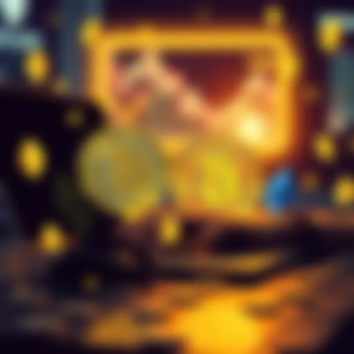 A person swapping Bitcoin for Ethereum on a laptop, with cryptocurrency icons around them