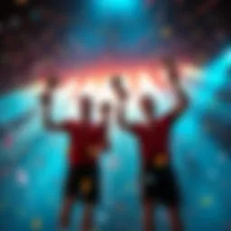 Two winners from the Sweat Community holding trophies, celebrating their achievements, with confetti falling around them.