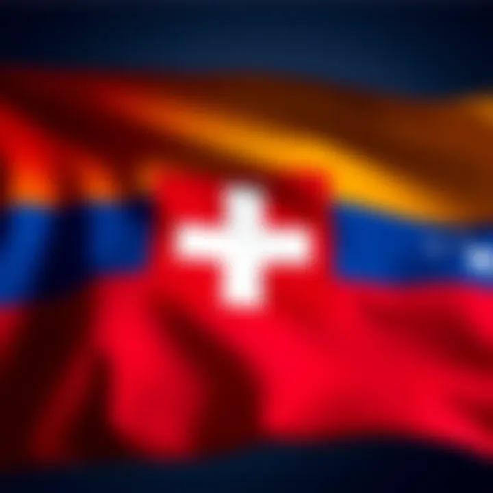 Swiss flag with frozen assets symbol and Venezuelan flag background