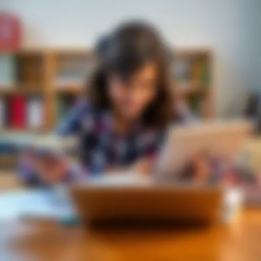 A student weighing options between a tablet and a laptop for studying, surrounded by books and notes.