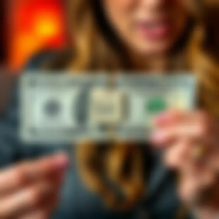 A close-up of a cash bill with a visible tag on it, held by a surprised woman