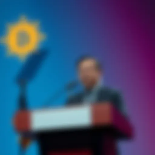 A Taiwan lawmaker speaks at a podium about Bitcoin reserves, emphasizing security in a changing world.