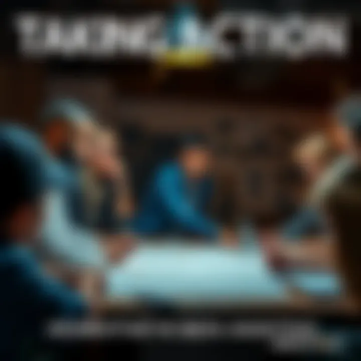 A group of people gathering around a table with determined expressions, discussing plans and strategies for the future.