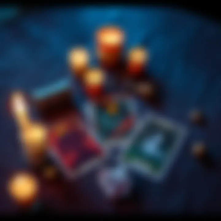 Three tarot cards laid out on a table, inviting people for free readings. Candles and crystals surround the cards for a mystical vibe.