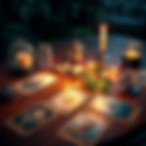A set of tarot cards laid out on a wooden table with a candle and a crystal nearby, creating a calming atmosphere for readings.