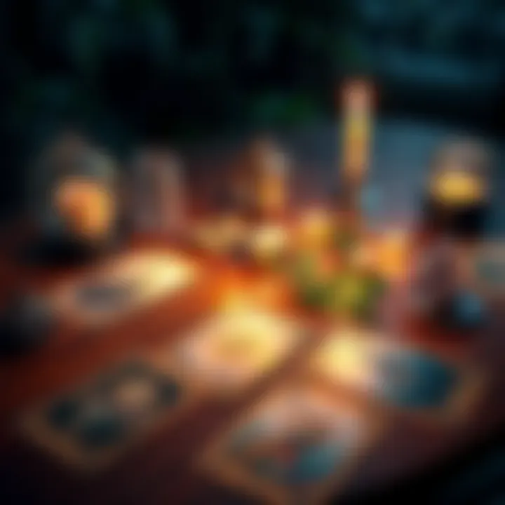 Tarot Cards on a Table A set of tarot cards laid out on a wooden table with a candle and a crystal nearby, creating a calming atmosphere for readings.