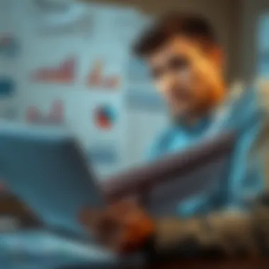 A person analyzing financial documents and charts related to taxes and retirement plans, looking concerned about tax implications.