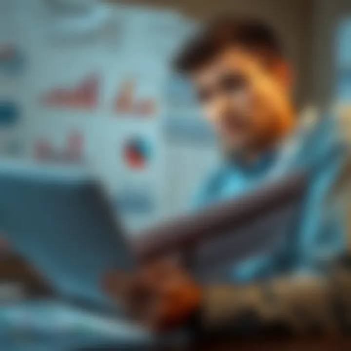 A person analyzing financial documents and charts related to taxes and retirement plans, looking concerned about tax implications.