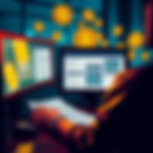 A person working on a computer with tax documents and cryptocurrency symbols around them, illustrating tax filing without a 1099 from Kraken.