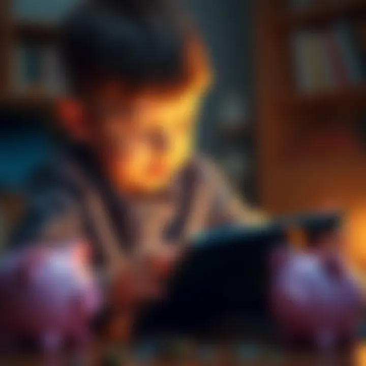 A child learns about money and online safety using a tablet, surrounded by coins and a piggy bank.