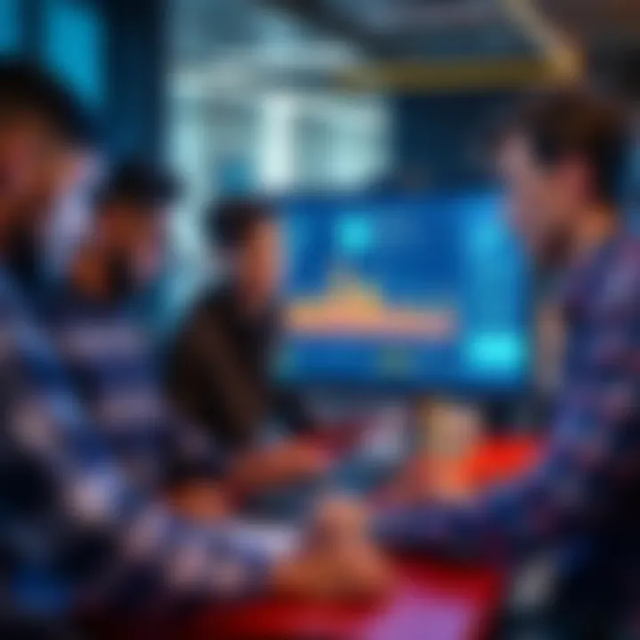 A diverse team of developers collaborating on a computer screen displaying blockchain technology and governance protocols for DeFi.