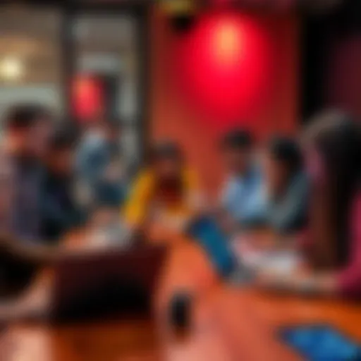 A diverse group of university students working together at a table filled with laptops and notebooks, brainstorming ideas for an upcoming hackathon.