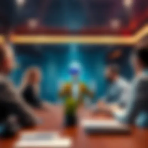 A group of professionals discussing the potential hiring of a character named Piss-Bender in a meeting room.