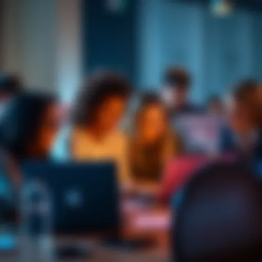 A diverse group of individuals working together on laptops and brainstorming ideas at Hack Princeton event.