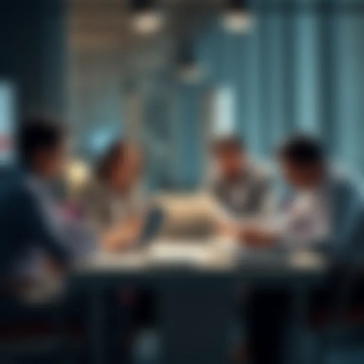 A diverse group of professionals discussing security strategies around a table with laptops and documents, emphasizing teamwork and coordination.