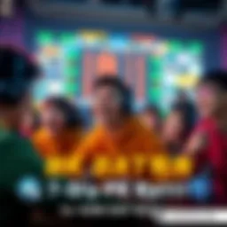 A group of enthusiastic players focused on a gaming battle, showcasing teamwork and strategy, with a vibrant leaderboard in the background.