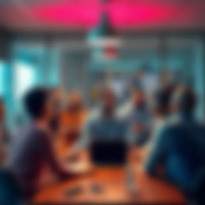 A diverse group of employees engaged in a meeting with Boss Kendu, sharing ideas and collaborating to boost morale and teamwork.