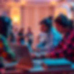 A group of people working together on laptops during a hackathon