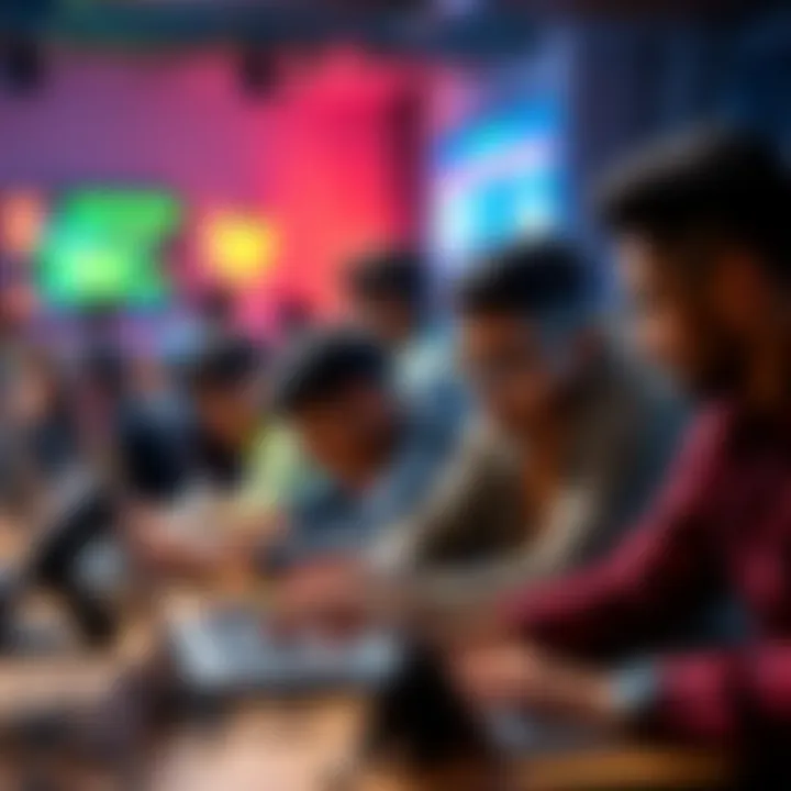A group of diverse individuals collaborating at a hackathon, focused on their laptops and discussing ideas.