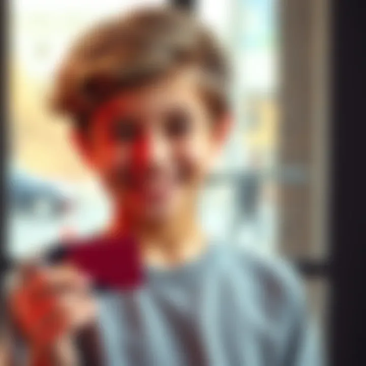 A 16-year-old holding a bank card with a smile, representing financial independence.