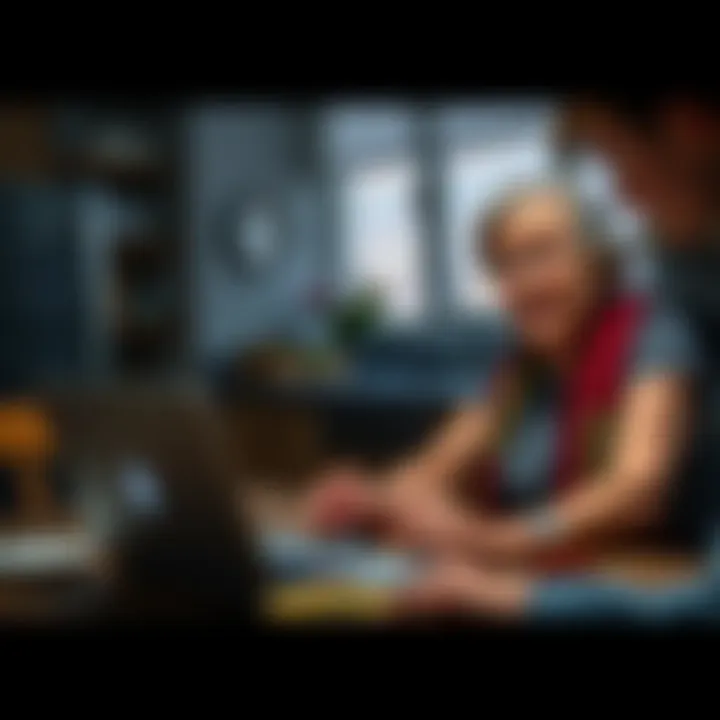 Teen Teaching Grandma About Bitcoin A teen explaining Bitcoin to his grandmother at a kitchen table while looking at a laptop.