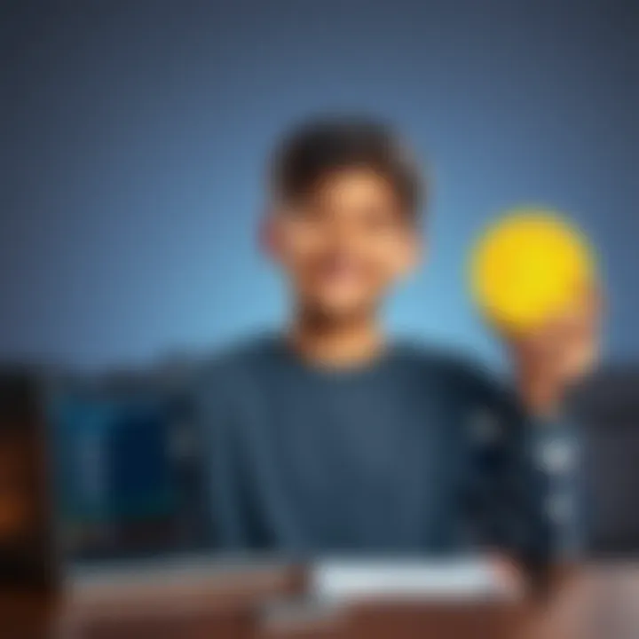 A 15-year-old boy smiling while holding a Bitcoin symbol, excited about his first purchase, with a laptop showing Bitcoin prices in the background.