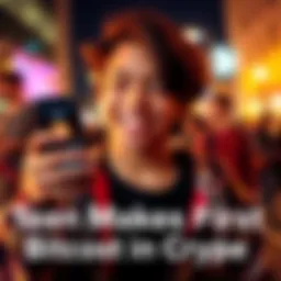 A teenager smiles while holding a smartphone displaying a Bitcoin transaction, showing excitement for their first crypto investment.