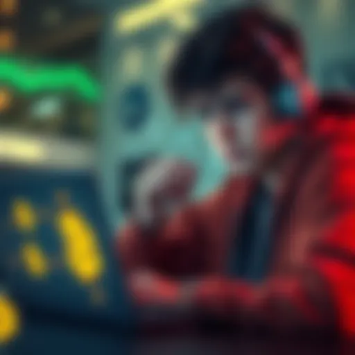 17-year-old in the UK thinking about buying Bitcoin, with a laptop, BTC graphics, and a worried expression.