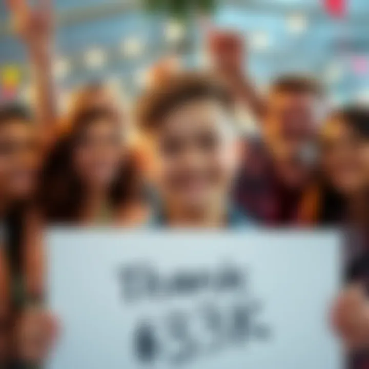 A happy 16-year-old smiling while holding a sign that says 'Thank You!' surrounded by friends, celebrating their $3K success.