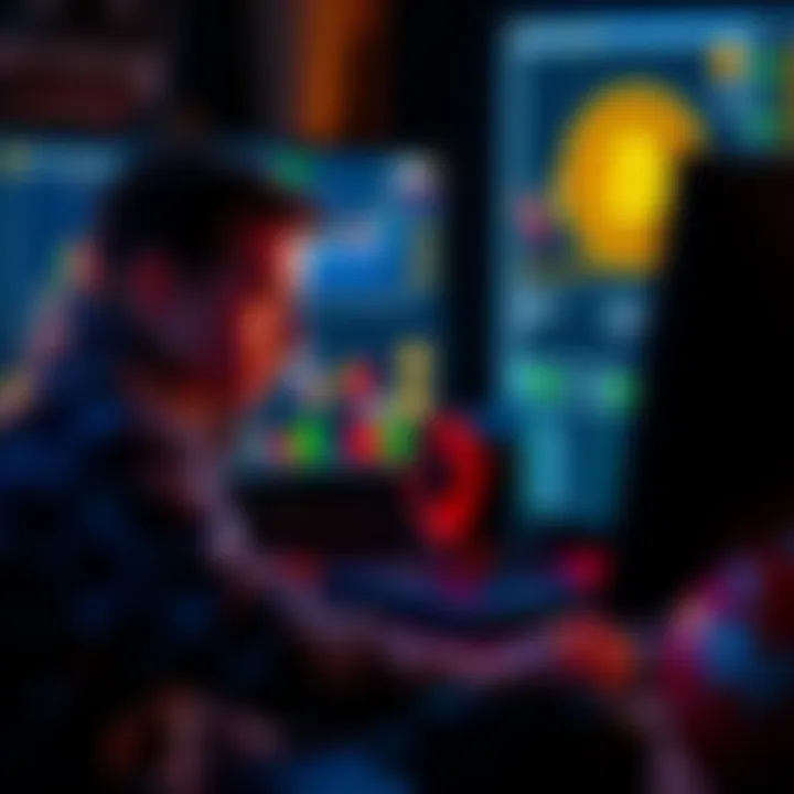 An 18-year-old sitting at a computer, researching cryptocurrency investments, with charts and coins visible on the screen.