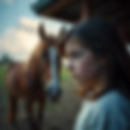 A 17-year-old girl thoughtfully examines a mare in a pasture, weighing her options about buying a horse amid financial concerns.