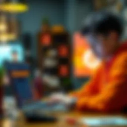 A teenager reviews a laptop displaying a bitcoin payment interface, looking focused and engaged in their business setup.