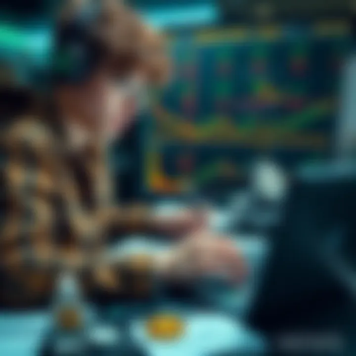 A teenager looking at charts on a laptop, analyzing cryptocurrency prices while surrounded by notes and trading tools.