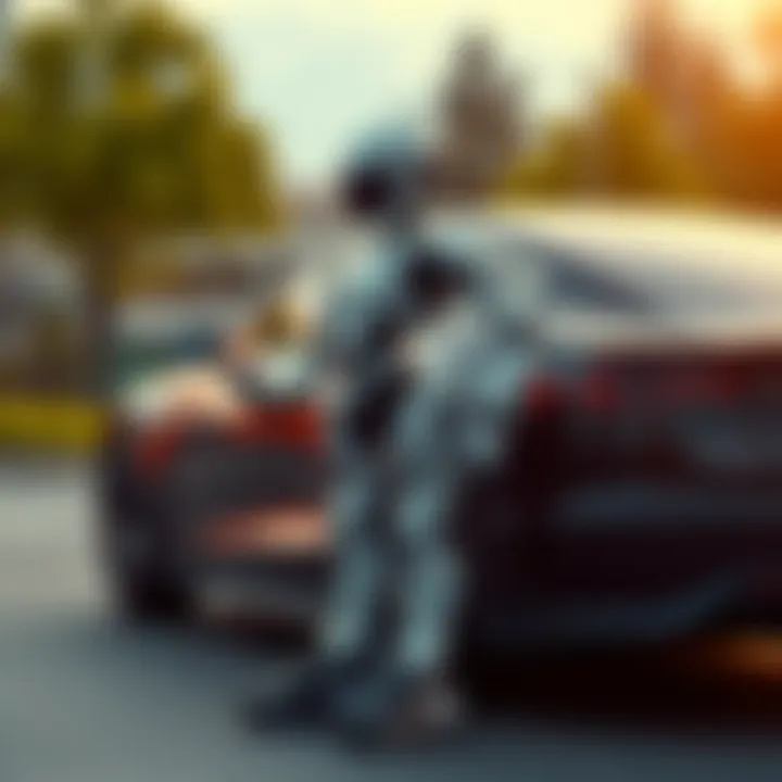 A Tesla robot standing beside a sleek electric car, symbolizing the integration of robotics in technology.