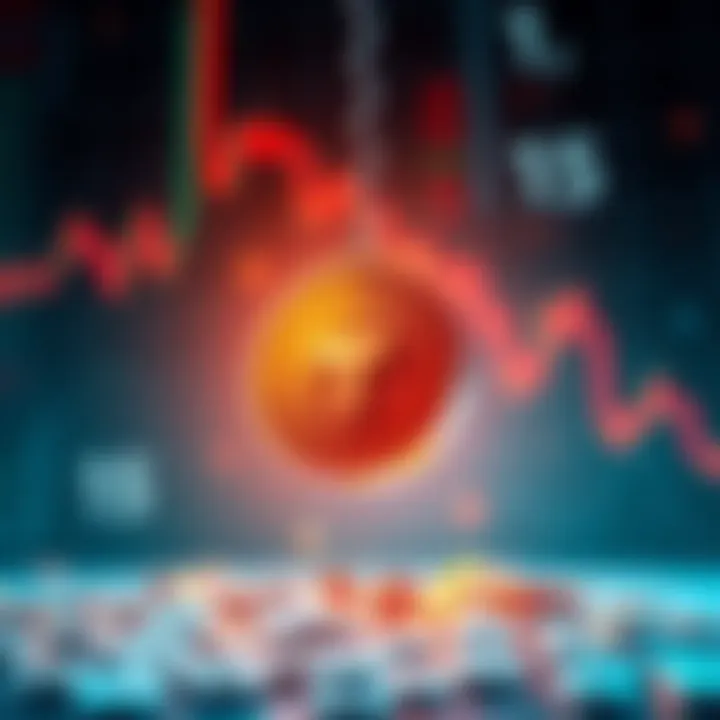 A visual representation of a falling Tether logo with a backdrop of declining cryptocurrency charts