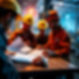 A group of Texas miners in hard hats gather around a table, reviewing documents and discussing offers for ready megawatts.