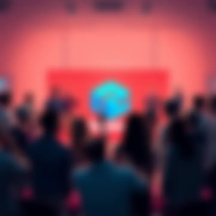 Tezos logo with community members A group of people discussing and engaging with Tezos in a community setting, showcasing camaraderie and support