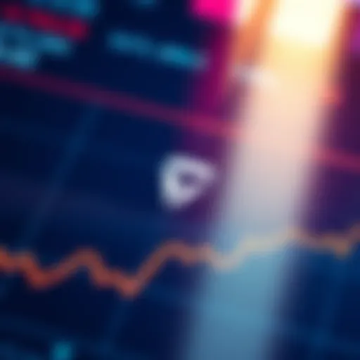 A chart showing the Tezos symbol with upward and downward trends, signifying market movements and future potential.