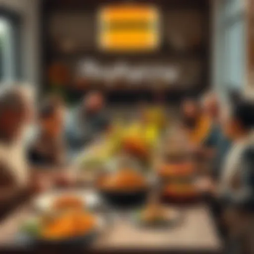 A diverse group of family members seated around a table filled with traditional Thanksgiving dishes, smiling and sharing stories