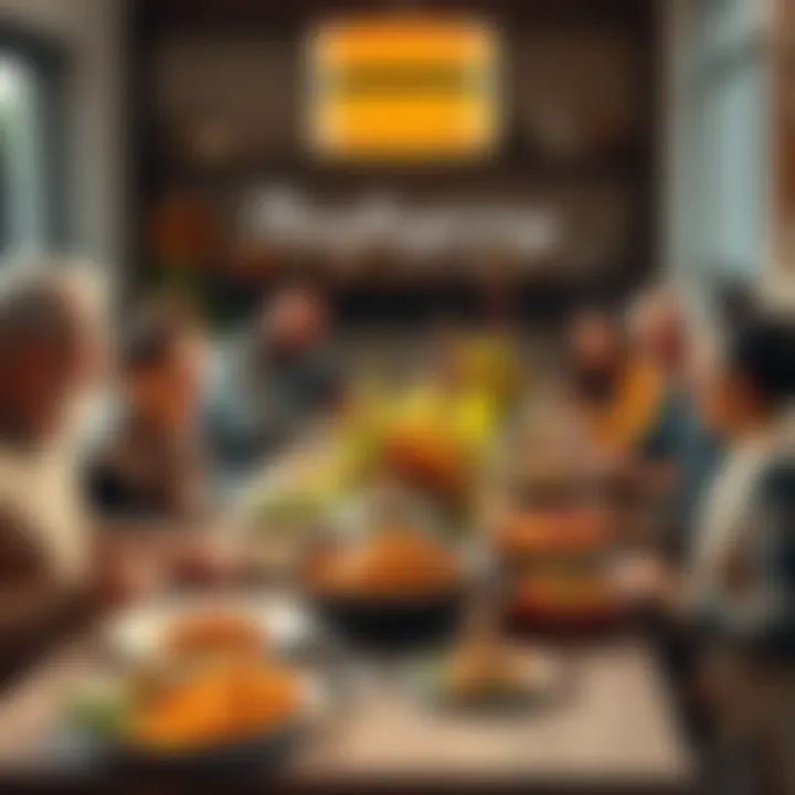 A diverse group of family members seated around a table filled with traditional Thanksgiving dishes, smiling and sharing stories