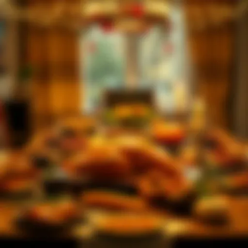 A beautifully set Thanksgiving table featuring a turkey, side dishes, and decorations, surrounded by family and friends celebrating together