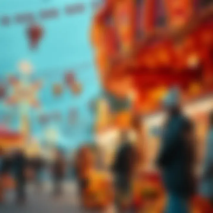 A lively Thanksgiving carnival scene with people enjoying games and activities, colorful decorations, and festive atmosphere.