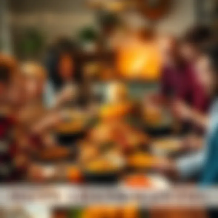 A family gathered around a table filled with Thanksgiving dishes, smiling and sharing gratitude