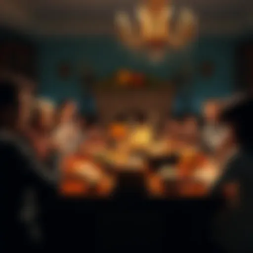 Family gathered around a Thanksgiving table discussing cryptocurrency while enjoying their meal