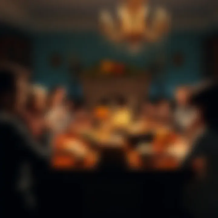 Family gathered around a Thanksgiving table discussing cryptocurrency while enjoying their meal